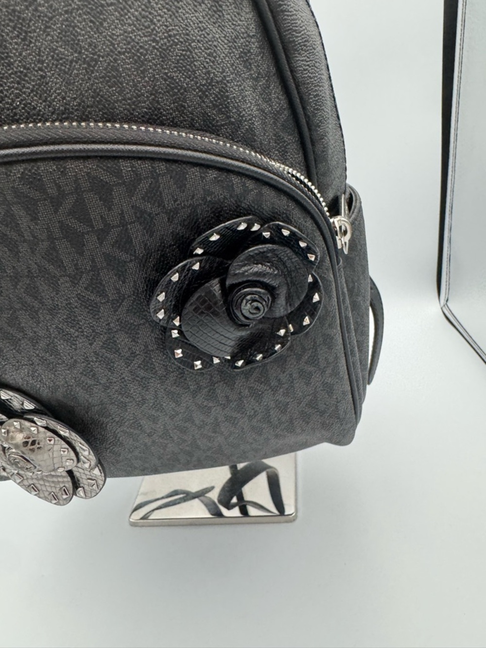 Michael Kors Black Signature Logo Mini Backpack with Floral Stud Accents - Picture 4 of 7